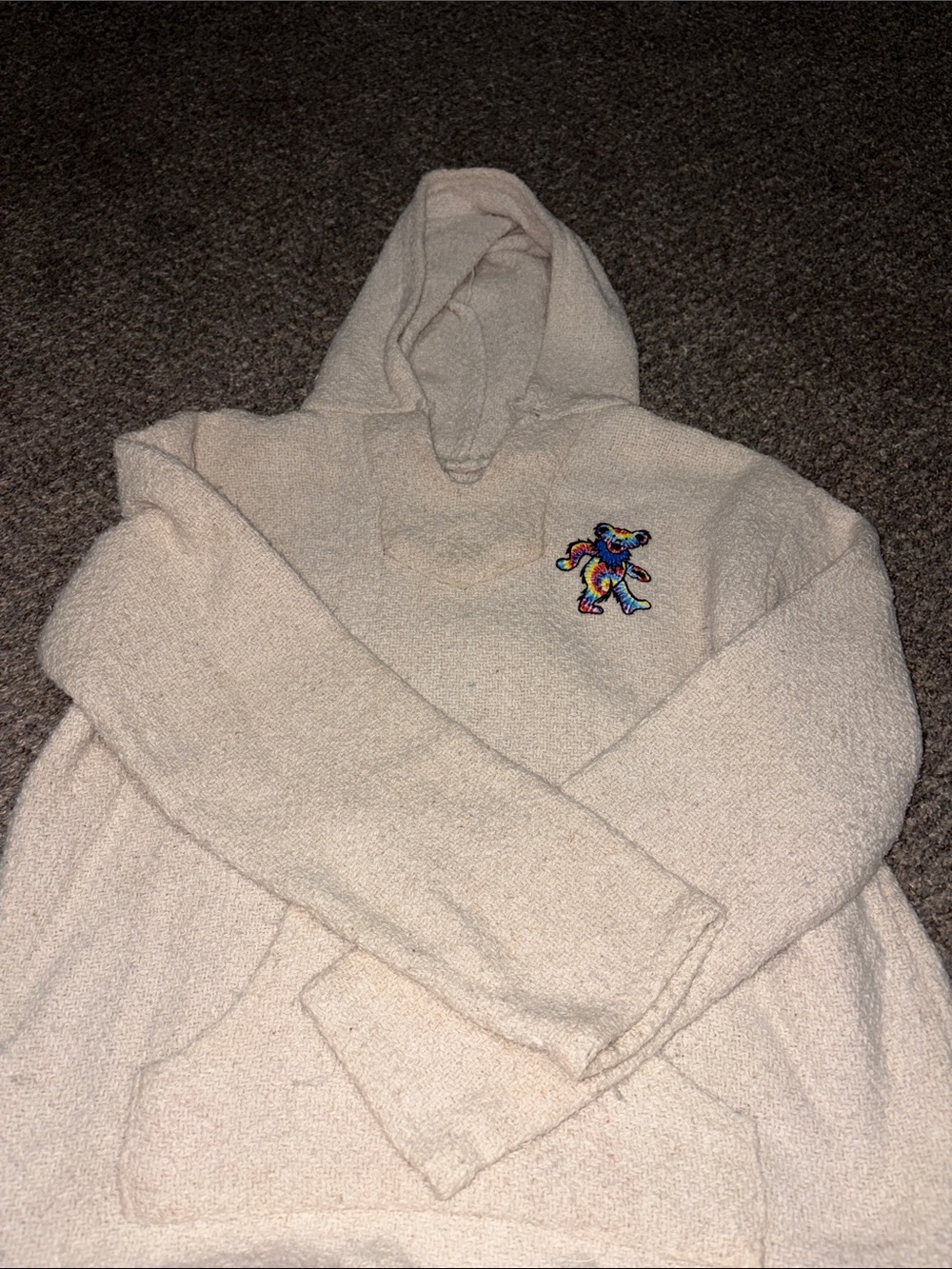 Greatful Dead Cozy Cream Hooded Sweater with Multicolor Bear Embroidery
